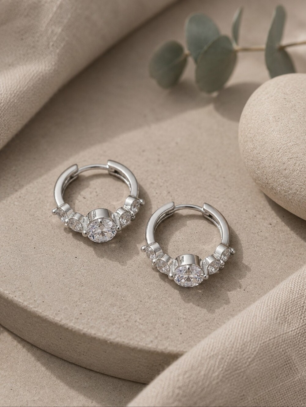 Sterling Silver Cubic Zirconia Huggie Hoop Earrings Clean Girl Silver 0.45" - Picture 9 of 15
